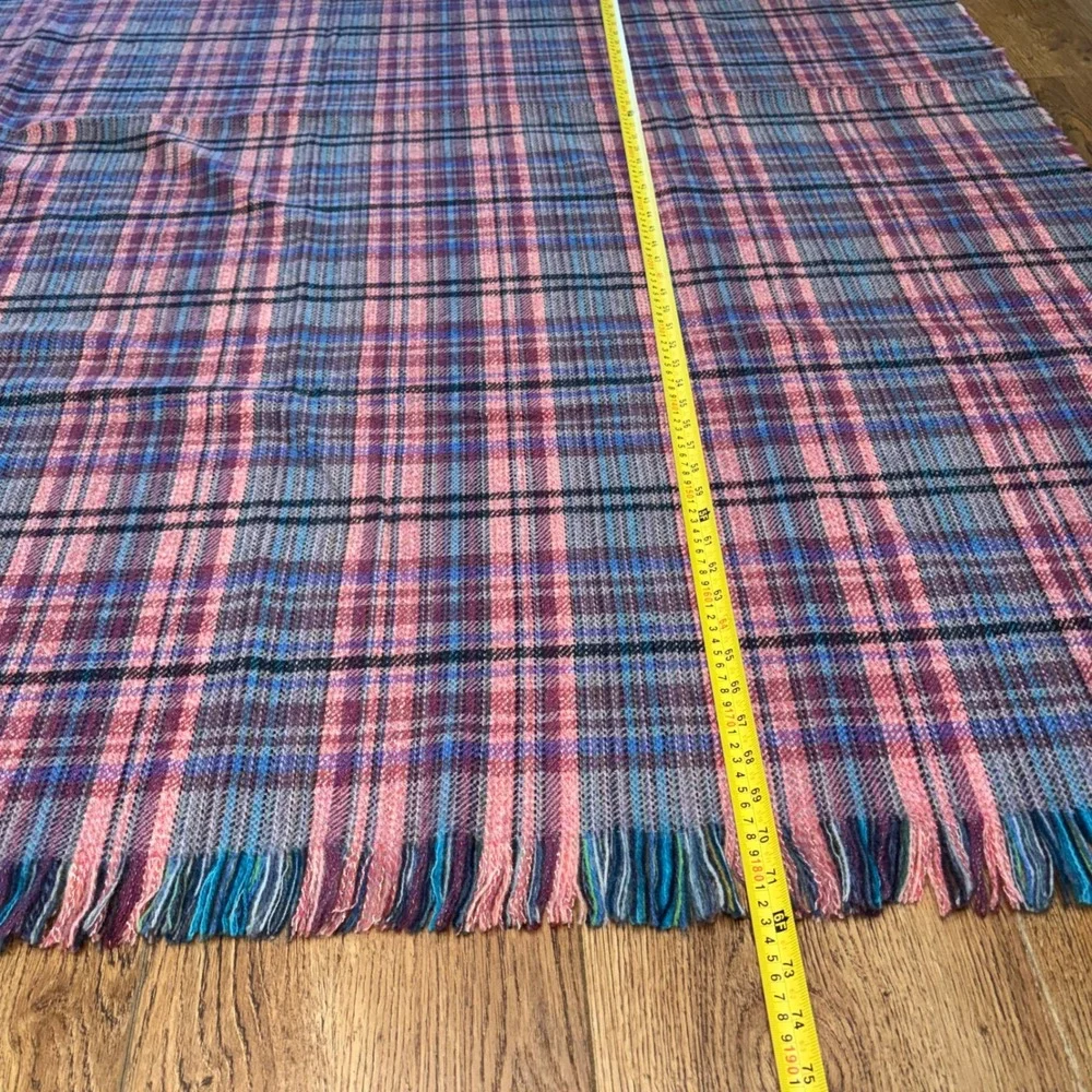 Vintage Kirkburn Mills Scotland Wool Tartan Throw Blanket Pink Blue Fringe 72x59